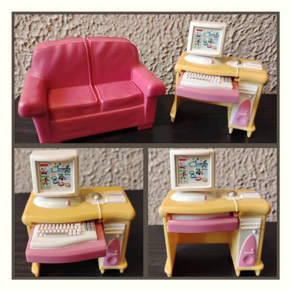 Vintage Fisher price loving Family Dollhouse girls pink computer desk & couch